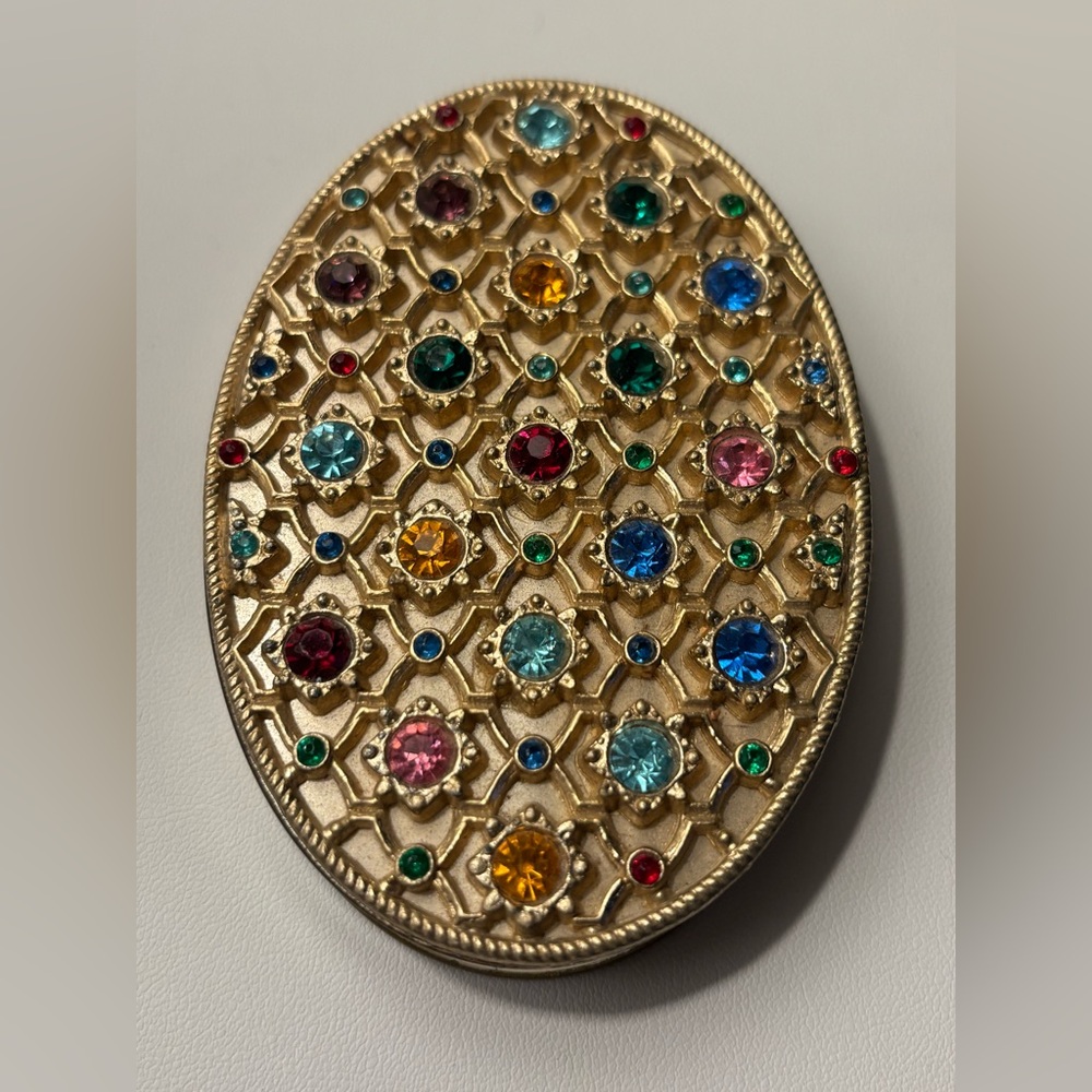 1940s vintage Dorset Fifth Avenue crystal embellished oval large gold compact